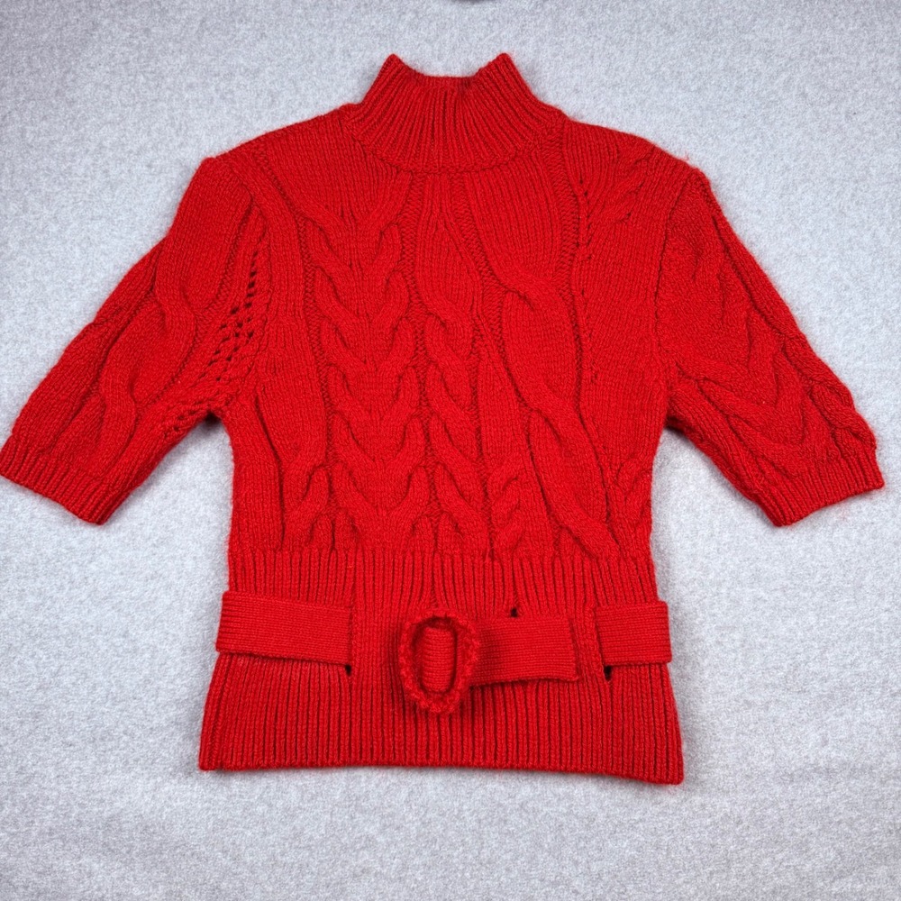 Zara Red Cable Knit Mock Neck Short Sleeve Belted Sweater Medium